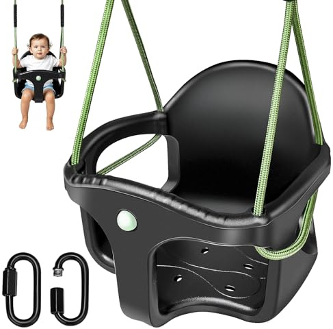 BabySchaukel, Schaukel Outdoor Hohe Rückenlehne Kunststoffvollschale Schaukel Sitz mit 1.3-2m verstellbarem Seil und 2 Karabinern, Mitwachsende KinderSchaukel Gartenschaukel SetZubehör, Schwarz/90kg