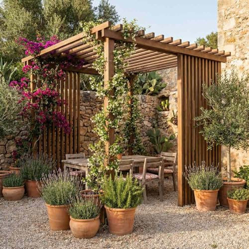 Sunwood Pergola Isola Deluxe en bois de pin Bilama, avec franges intégrées, structure autoportante professionnelle pour jardin et terrasse (240 x 240 cm)