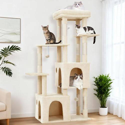 Heavy-Duty 61 Multi-Level Cat Tree Tower for Large Indoor Cats & Maine Coons – Extra-Large Perch, 2 Spacious Condos, Sturdy Sisal Scratching Posts, Play Toys, Stable Modern Activity Center