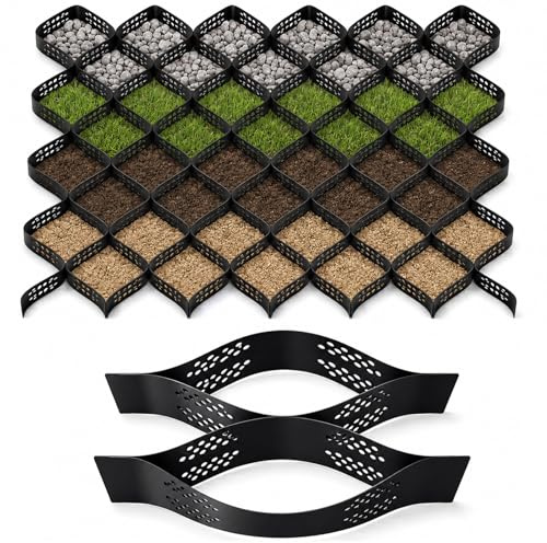 Geogitter 10 x 3 m, Rasengitter zur Bodenstabilisierung aus HDPE, H 5cm Rasenwaben, Kies-Bodengitter, Erosionsschutz & Rasenwaben für Garten/Einfahrt Schwarz