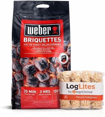 Logs Online BBQ Charcoal Bundle – Weber (3 Bags) 8KG Briquettes + 50 LogLites Firelighters – Barbecue Grill Accessories for Charcoal Grill Cooking & Fire Starters