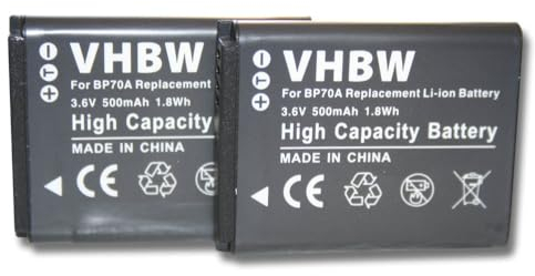 vhbw 2x batteria sostituisce Samsung EA-BP70A, SLB-70A, BP70a, BP-70a per fotocamera (500mAh, 3,6V, Li-Ion)
