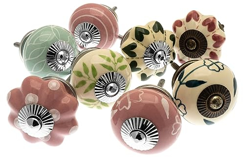 Mango Tree Mixed Set of 8 Pink, Eau de Nil & Grey Ceramic Cupboard Knobs/door knobs/drawer knobs in shabby chic style (MANGO-193)
