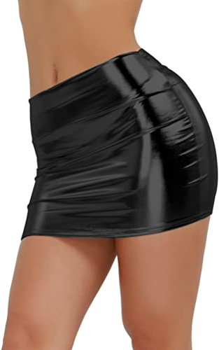 IEFIEL Femme Mini-Jupe Moulante Cuir Mouillé Courte Taille Wetlook Unique Mini Robe De Fête Costume de Club Noir Taille Unique