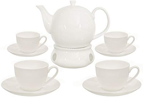 Buchensee Kaffeeservice aus Fine Bone China Porzellan. Tee- / Kaffeekanne in fein-cremigem Weiß mit 1,5l Füllvolumen, 4 Kaffeetassen, 4 Unterteller und Stövchen.