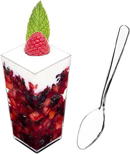 DLux Dessert Cups with Spoons, 90 ml 100 Pcs - Clear Plastic Parfait Appetizer Cups, Square Tall Reusable Shot Glass Bowl for Party Desserts Appetizers - with Recipe Ebook