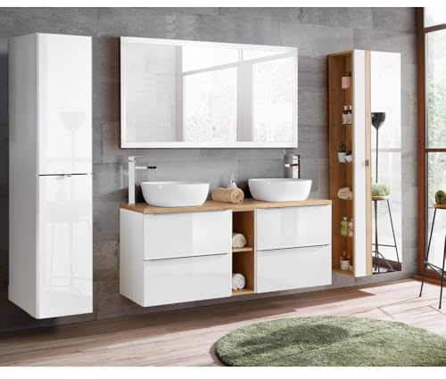 Lomadox Badezimmer Set weiß Hochglanz mit Keramik-Doppel-Waschtisch LED-Touch-Spiegel, BxHxT ca. 260/190/46cm
