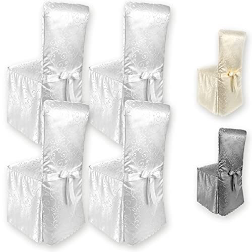 Gräfenstayn® 4er-Set Stuhlhusse Sofia mit Schleife, im Jacquard Muster runde und eckige Stuhllehnen Universal-Passform (Weiß)