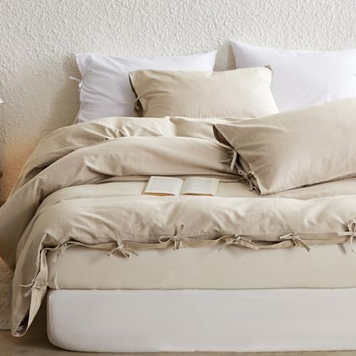 Simple&Opulence 3 pièces Housse de Couette en 55% Lin et 45% Coton,Parure de Lit Adulte avec Bowknot Fermeture,Parure Housse Coutte 200x200 cm avec 2 Taie d'oreiller 50x75 cm,Beige