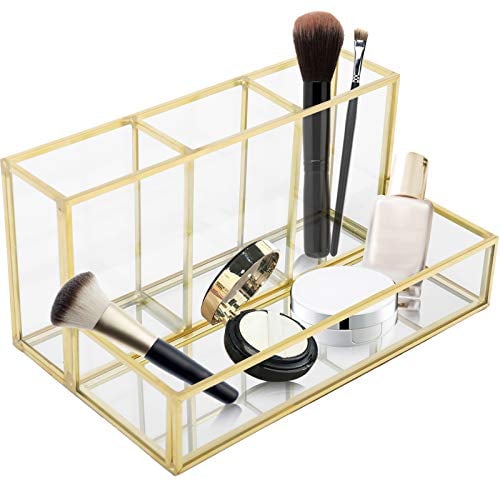 Homtone Make up Pinselhalter Glas, Vintage Gold Glas Kosmetikbox, Makeup Organizer Aufbewahrung mit Spiegel Tablett für Parfüm Nagellack Lippenstiften, Kommode Badezimmer,4 Fächer