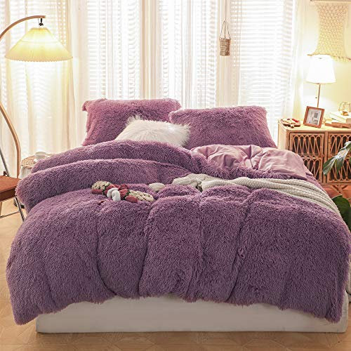 CoutureBridal Housse de Couette 200x200cm Violet Peluche Flanelle Hiver Chaude Duveteuse Parure de lit 2 Personnes 3 pièces avec Fermeture à Glissière + 2 Taies d'oreiller 65x65cm