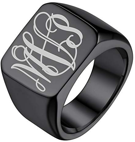 GoldChic Herren Ringe Edelstahl Schwarz Personalisiert Poliert Siegelring mit Vine MonogramsSolid Gravur Vintage Rolex Ring Quadrat Band Ring für Männer Jungen Ringgröße 59.5 (18.9)