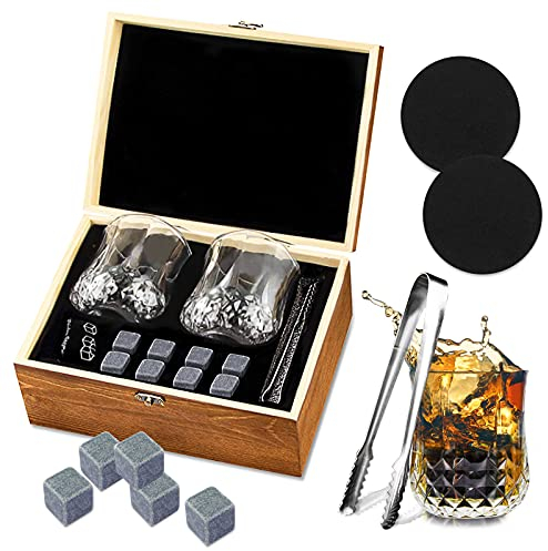 TOPSEAS Ensemble de Verres à Whisky,Verre a Whiskey en Cristal,Pierres à Whisky,2pcs Verre à Whisky,8pcs Pierre à Whisky,Sac en Velours et Pince,refroidir Spiritueux,Vins et Boissons Choix Parfait