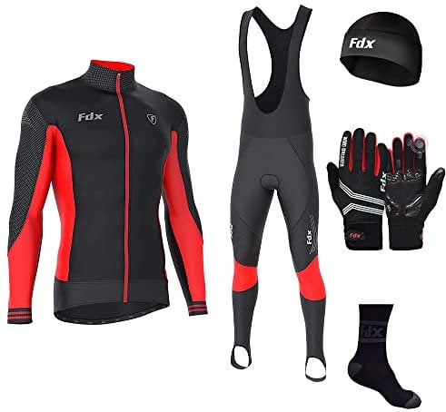 FDX Men's Winter Cycling Suit with Gloves, Cap, Socks - Italian Thermal Roubaix Windproof Thermodream Cycle Clothing Set - Long Sleeve Jersey, 3D Padded Bib Tight for Bicycle Outdoor Riding(Red-L)