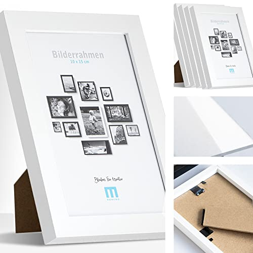 M MERCEO Bilderrahmen 10x15cm (6Stk) Weiß – Holz MDF Fotorahmen einzeln oder Set – Posterrahmen mit Acrylglas – für Fotos & Poster, Wandmontage oder Tischaufsteller, Hoch- & Querformat