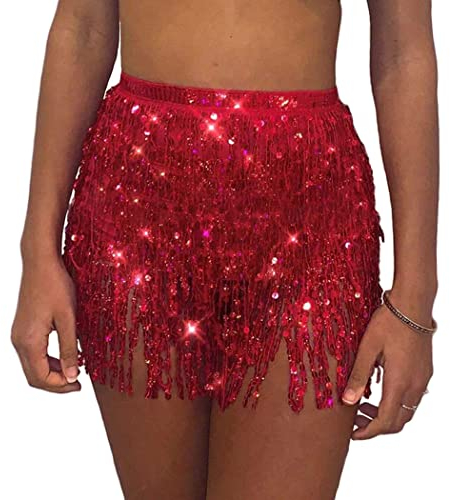 Zookey Pailletten Quaste Rock Bauchtanz Rock Rave Fransen Hüfttuch Kostüm Tanz Mini Wickelröcke für Frauen und Mädchen