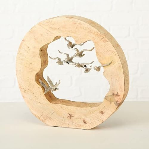 mucHome Dekoaufsteller Vogel aus Mangoholz ⌀ ca. 35cm Skulptur Vogelschwarm Aluminium