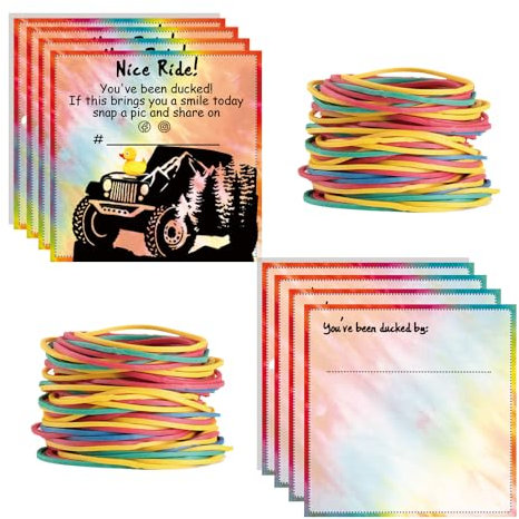 Duck Tags, You've Been Ducked - Sweet Ride, Duck Ducking Game Card, 50 Pack, 2 x 2 Inch, With Round Hole and Rubber Bands, Square Bright colors Design