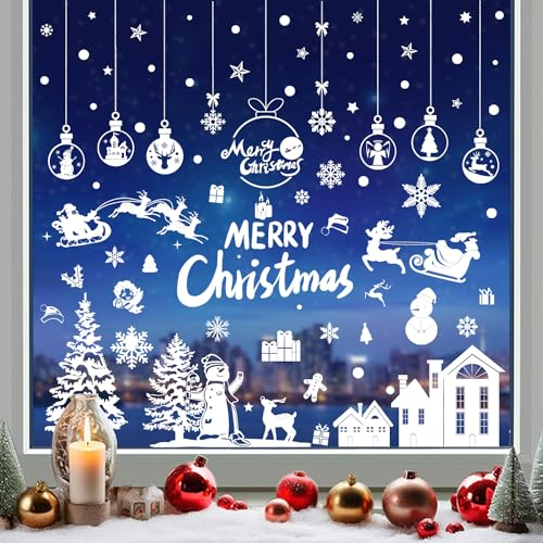 Fensterbilder Weihnachten,256 Stück Fensteraufkleber Weihnachten Fensterbilder Schneeflocke Rentier Weihnachtsmann Wiederverwendbare PVC Aufkleber für Glas Xmas Winter Dekorationen