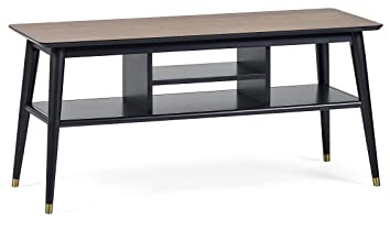 Julian Bowen Findlay Media Unit, Walnut & Black | Retro Media Unit for Living Room, Brass Tipped Leg Detail, Open Shelving, Black Legs, Walnut Effect Top