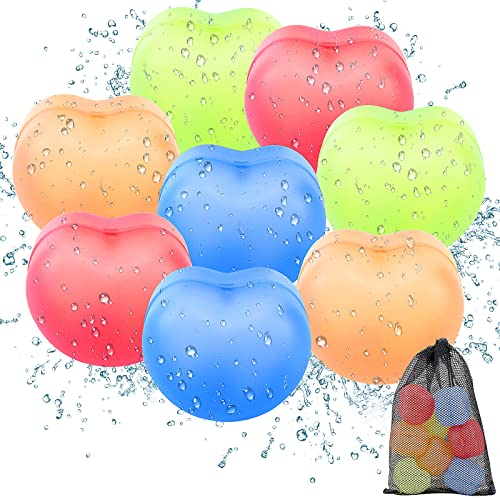 8 Stück Wiederverwendbare Wasserballons, Wiederverwendbare Wasserbomben mit Netzbeutel, Herzform Wasserballons Selbstschließend, Silikon Wasserbomben kinder für Party, 4 Farben