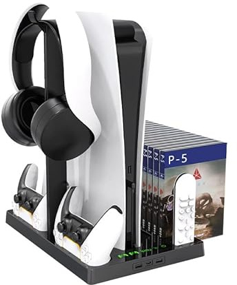 Aokicase Für PS5 multifunktionale Controller Ladestation mit LED, multifunktionale Kühlbasis, Dual Charger Docking Station für PS5 mit Headset-Halter（Schwarz, PS5） HBP-271
