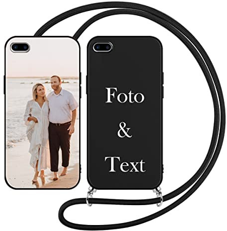 Yoedge Funda con Cuerda para Apple iPhone 7 Plus / 8 Plus Personalizada Foto Imagen Texto Letras Diseño 5,5, Negro Carcasa Personalizable con Correa Colgante Cordón Cover Caso Custom Case
