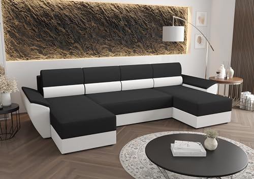 ALTDECOR Ecksofa in U-Form mit Schlaffunktion und Bettkasten Corner Sofa Bett Eckcouch Couch L-Form Schlafcouch Ausziehbar Wohnlandschaft Schlafsofa Cauchsofa - REB-U2-321x140x88cm Schwarz/Weiß