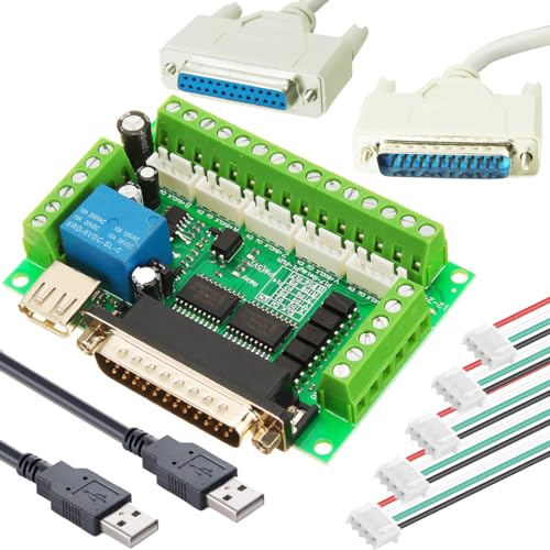 DAOKAI CNC-Breakout-Board 5-Achsen-CNC-Schrittmotor-Schnittstellenplatine Breakout-Board Mach3 mit XH2.54 4P-Kabel Doppel-USB-Kabel DB25-Stecker-auf-Buchse-Kabel