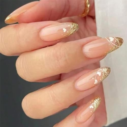 24pcs Medium Almond False Nails French Tip Stick on Nails Glitter Gold Edge White Heart Press on Nails Removable Glue on Nails Full Cover Fake Nails Set Women Bridal Nail Art Accessories