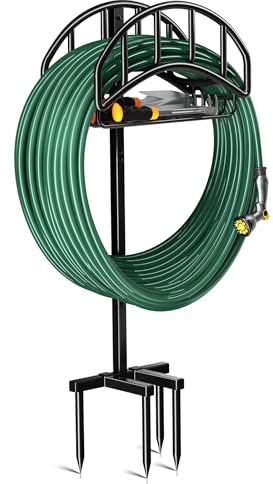 Kesfitt Gartenschlauchhalter mit Werkzeug-Aufbewahrungskorb und 4 Spikes, abnehmbares, robustes Metall, freistehend, Outdoor-Organizer für Rasen, Hof, Wasserspeicher