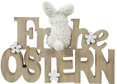 ETC dekorativer Schriftzug Frohe Ostern mit weißen Blümchen und Mini-Plüschhasen als ausgefallene Osterdeko