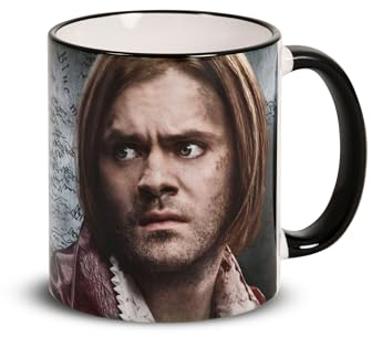 Elbenwald Witcher Tasse mit Rittersporn Charakter Motiv und Wolf Logo 320 ml Keramik Grau