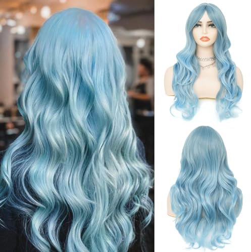 Salaibs Hellblaue Lockige Lange Perücken für Frauen Mittelteil Wellige Welle Haar Perücke Synthetische Hitzebeständige Faserperücke für Cosplay Halloween Gebrauch