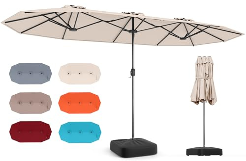 COSTWAY Sombrilla Doble Terraza Exterior 400 x 200 cm, Parasol Jardin Grande con Base Rellenable, Manivela, 12 Varillas, Sombrilla de Patio