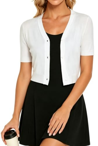 Enjyam Women's Short Sleeve Knit Cardigan,Lightweight Summer Shrug,Cropped Button Down Jacket,Wedding Bolero-Short Sleeve-White/M