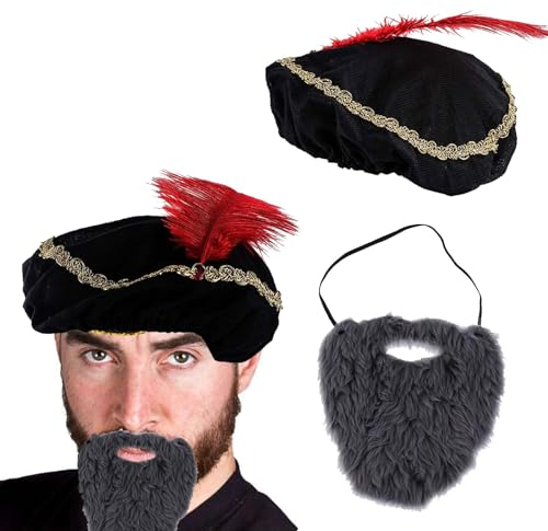 Mittelalterlicher Hut mit Bart - 2er Set Renaissance Hut für Männer mit langem Schnauzbart - Minnesänger Kostüm - Herren Renaissance Kostüm Mittelalterliches Kostüm Herren Ren Faire Kostüm Zubehör