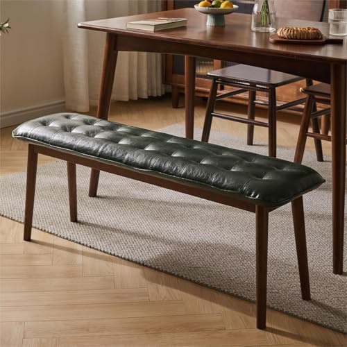 Cttasty Eingangsbank, Esszimmerbank aus Massivholz, Mid-Century Bank für das Ende des Bettes mit gepolstertem PU-Ledersitz, Schlafzimmerbank, 120 cm L x 32 cm B x 45 cm H （Grün）