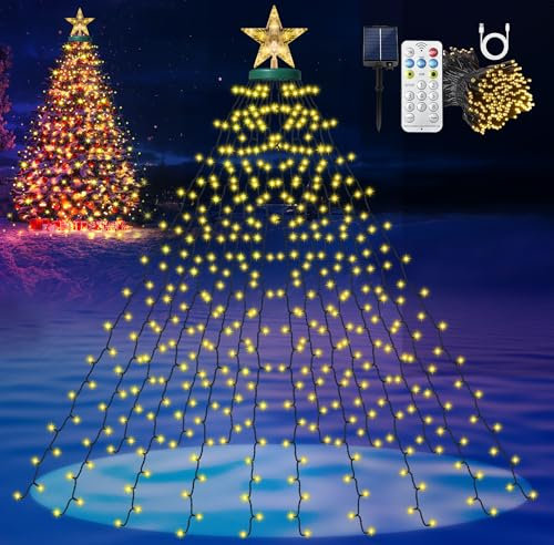 HELESIN 410 LED Solar Lichterkette Weihnachtsbaum Beleuchtung mit Sterne 8 Modi Timer USB aufladbar wasserdicht Christbaumbeleuchtung mit ring für 150 bis 250cm Tannenbaum Innen Außen Warmweiß