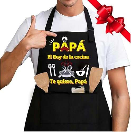 Jbniuay Regalo para Papá - Delantal Negro Impermeable de Chef con 3 Bolsillos para Barbacoa y Cocina - Día del Padre