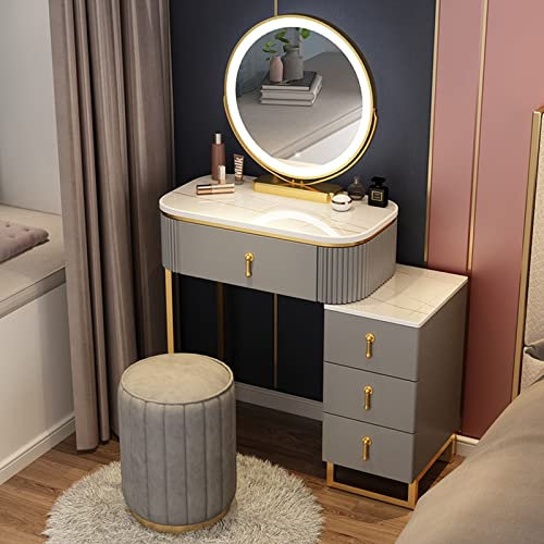Make-up-Set mit 3 Farbbeleuchtungsmodi, 4 Schubladen und Hocker – Schminktisch und Kosmetik-Organizer für Schlafzimmer