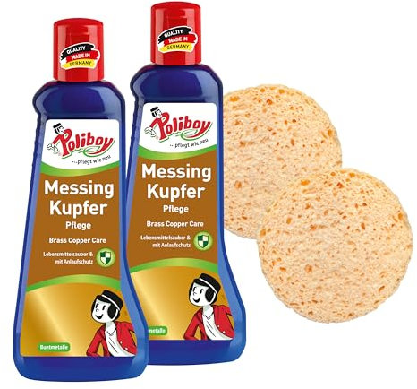 POLIBOY Messing Kupfer Pflege - Glanzpolitur gegen Anlaufstellen - Messingputzmittel mit Carnaubawachs - 2x 200 ml - Mit Schwamm - Made in Germany