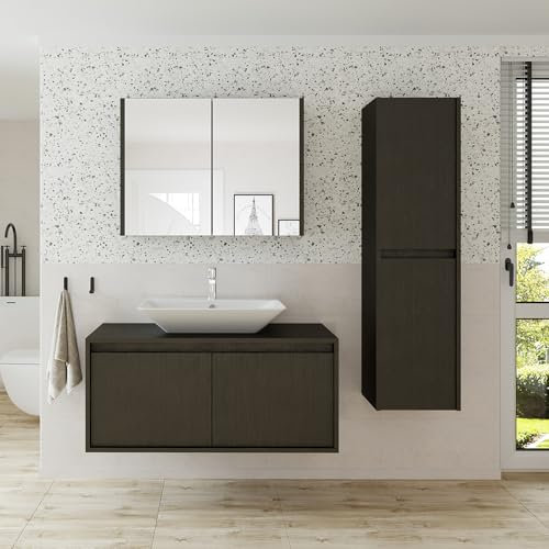 ROOMART • Badezimmermöbel-Set „Atlantic“ • 4-teiliges Badezimmerschrank-Set • 100 cm Unterschrank mit Keramikwaschbecken • Spiegelschrank • Hochschrank (Farbe: Schwarz Eiche, Komplett-Set)