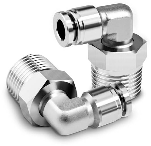 TAILONZ PNEUMATIC Raccordi a gomito in acciaio inox 304 filettatura maschio 8 mm OD guaina x 3/8 BSP push-in PL8-03 (confezione da 2)