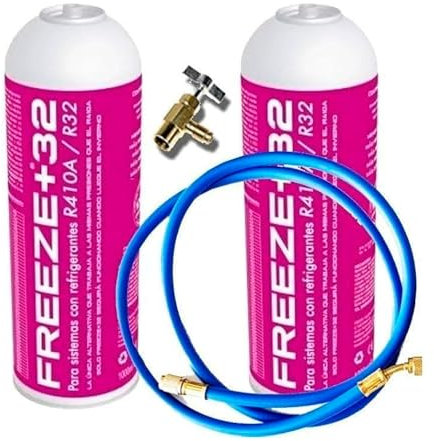 Genérico 1 Botella Gas Refrigerante Freeze Organico +32 350Gr + Valvula + Manguera Sustituto R32, R410A