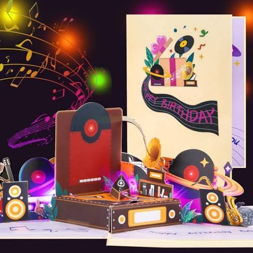 Musikalische Pop-Up Geburtstagskarte mit Lichtern, 3D Plattenspieler Design, Spielt Happy Birthday-Melodie, Handgefertigte Grußkarte mit Umschlag, Geburtstagskarte für Männer, Frauen, Musikliebhabe