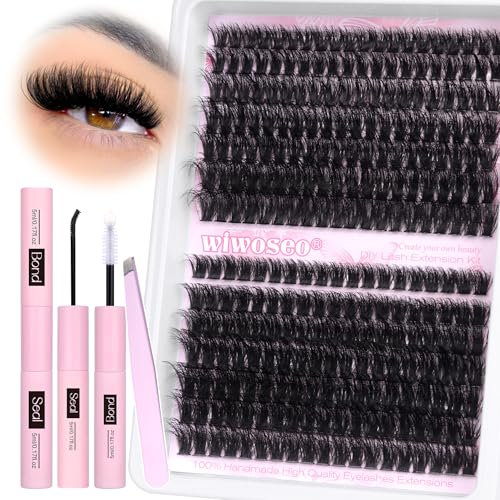 wiwoseo Fluffy Individual Eyelashes Kit 80D+100D Cluster Lashes Kit DIY Lash Extension kit Russian D Curl Lashes Individual Cluster with Lash Bond and Seal Lash Glue for DIY at Home (280pcs, 10-18MM)