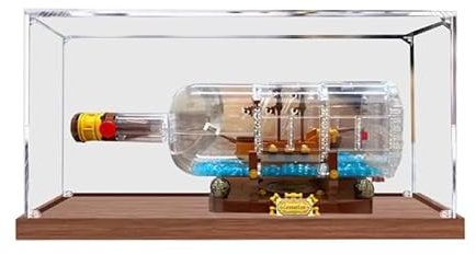 HCAEIOFJ Espositore in acrilico trasparente per Lego Ideas 21313 applicabile per nave in bottiglia, scatola regalo (solo vetrina) (fondo in legno)