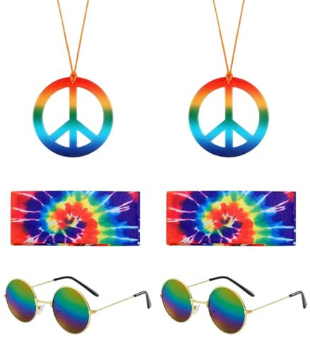 UILYNIU 6 Pièces Ensemble de Costume Hippie Rétro Accessoires comprenant des lunettes de soleil rondes, un collier avec signe de la paix pour Soirée à Thème de la Mode des Années 70 et 80