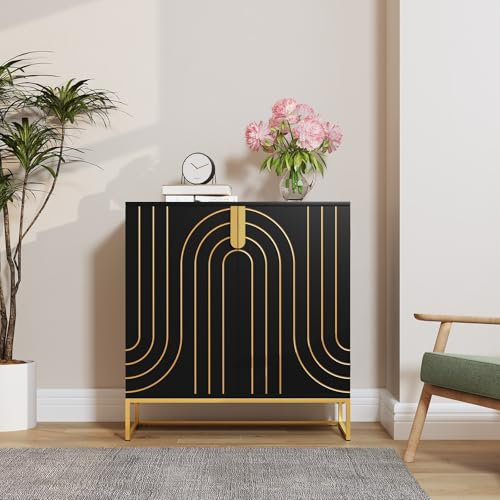 MROJISC Sideboard, Küchenschrank, Buffetschrank, Aufbewahrungsschrank, mit 2 Türen, Verstellbare Ablagen, für Wohnzimmer, Küche, Esszimmer(Schwarz)